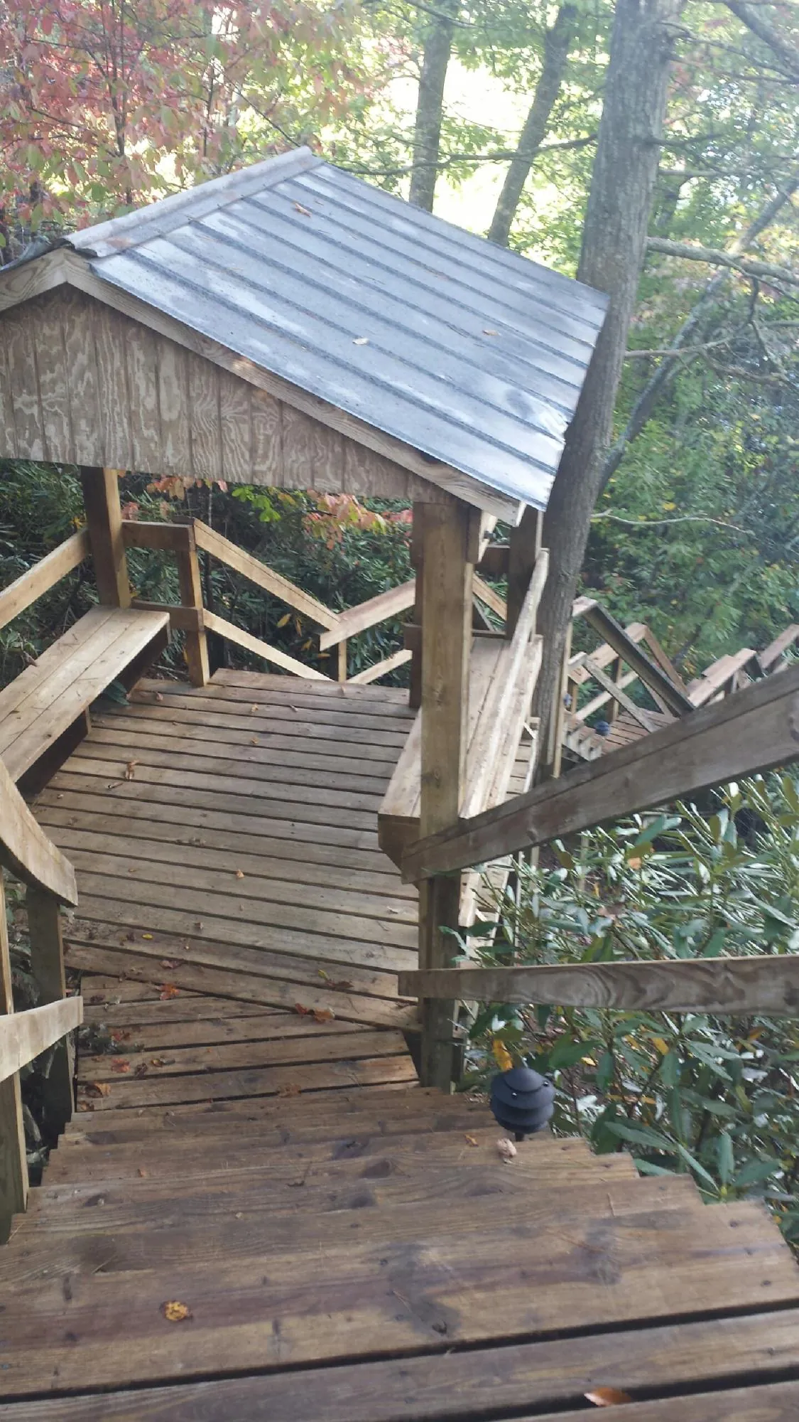 Metal roofed shelter over wooden steps on a wooded walkway — Skylight Repair & Installation work by our crew in Conetoe